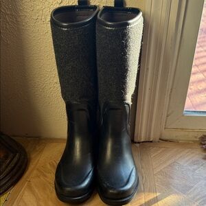 UGG Black Rubber and Gray Wool Tall Rain Boots